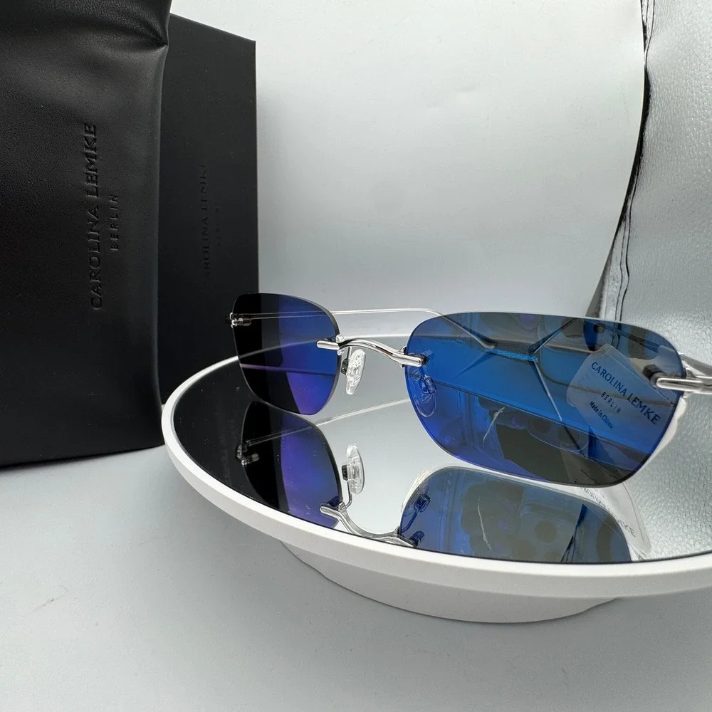 Carolina Lemke Sunglasses Rimless Blue Mirror CL6800-08 Silver Frame 51mm
